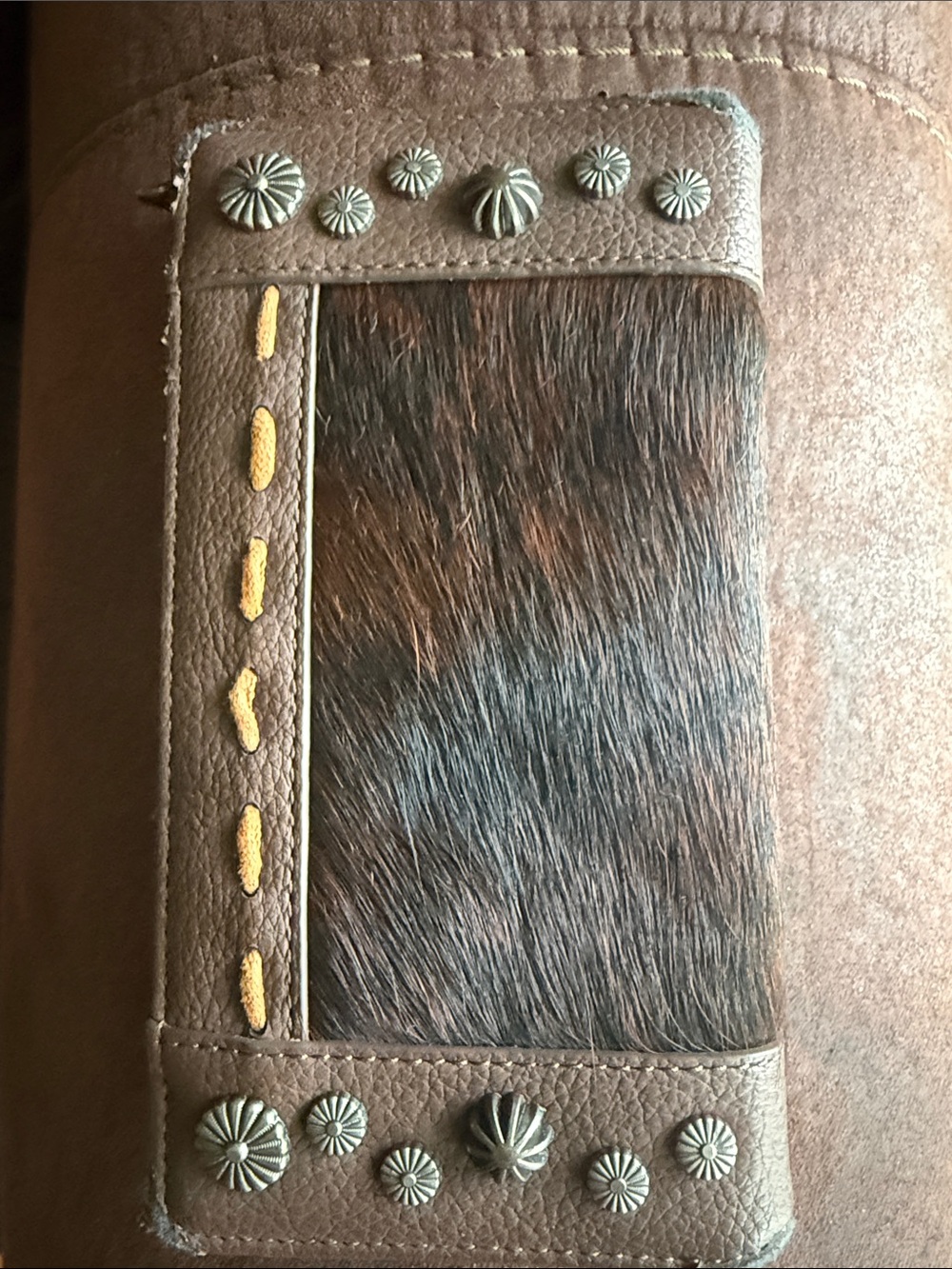 Leather & Hair-on Hide Wallet with Concho Stud Accents - Brown
